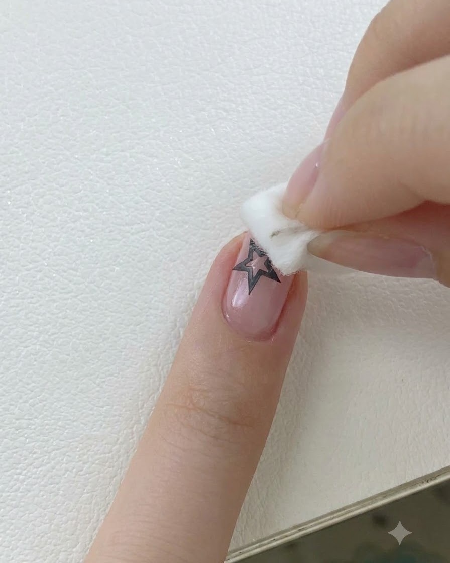 Eine Nahaufnahme eines Fingers mit einem schwarzen Stern-Sticker auf dem Nagel, während ein kleiner Schwammapplikator rosa Gel-Polish um dessen Ränder tupft.