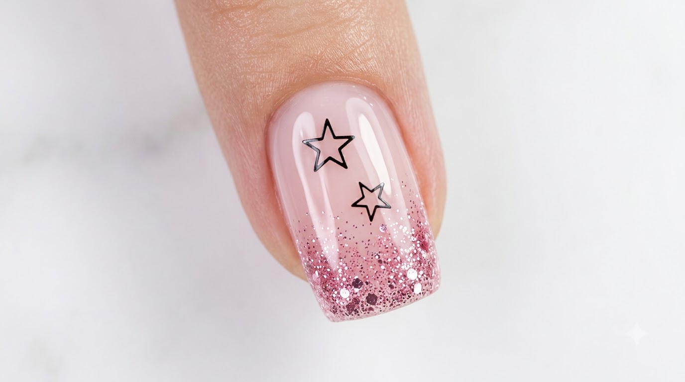 Nahaufnahme eines quadratischen Nagels mit einem rosa Glitzer-Gradienten zur Nagelhaut hin, verziert mit zwei schwarzen Outline-Stern-Stickers und einem Hochglanz-Finish.