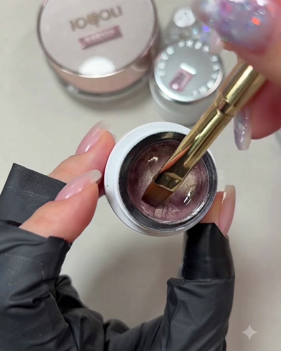 Nahaufnahme eines Gelpinsels, der in einen Tiegel mit zartrosa Champagner Cat-Eye-Gel getaucht wird.