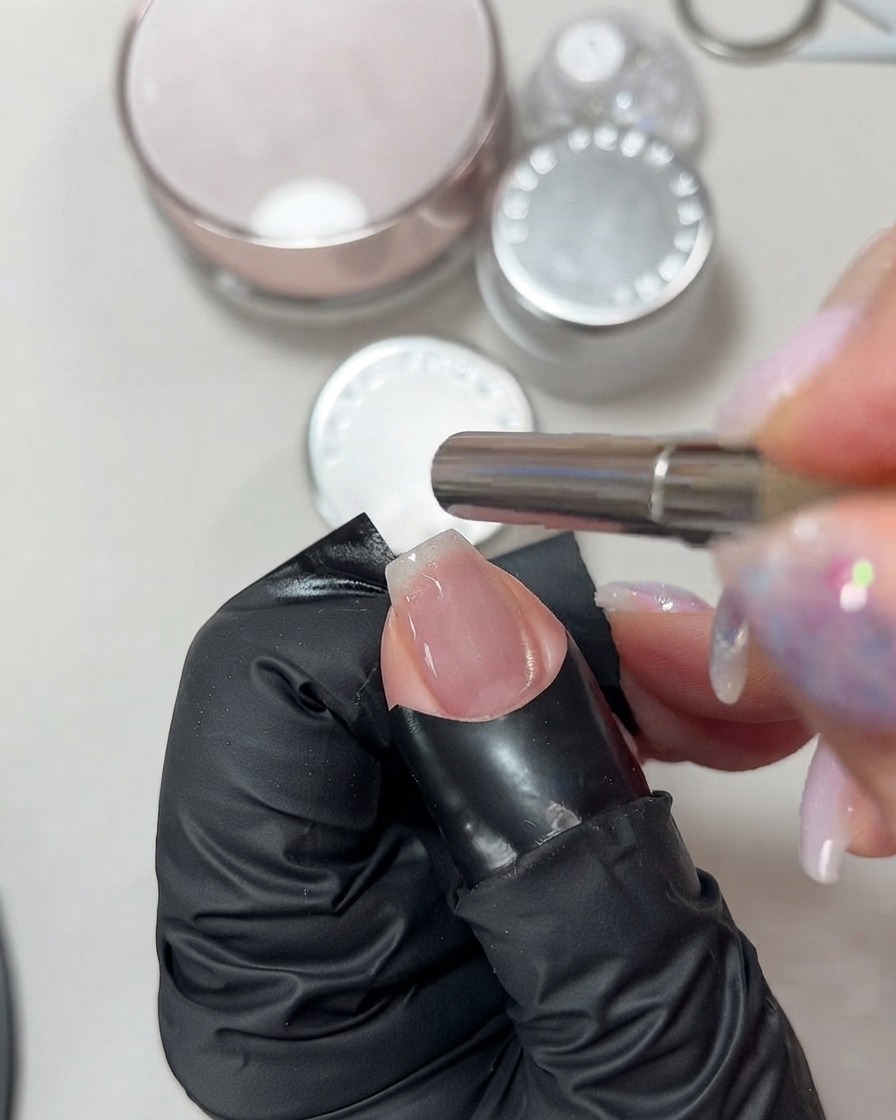 Eine Hand hält einen zylindrischen Magneten über einen mit nassem, rosa Cat-Eye-Gel überzogenen Fingernagel, um den Schimmer zu manipulieren.