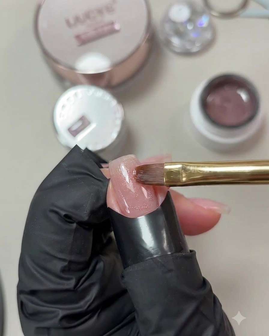 Ein flacher Gelpinsel trägt eine dünne Schicht schimmerndes, rosafarbenes Cat-Eye-Gel auf einen teilweise fertigen Fingernagel auf.