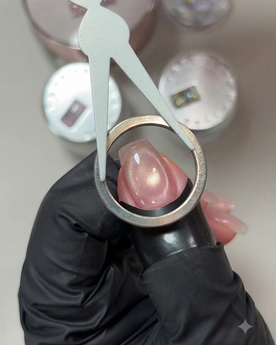 Ein runder Ringmagnet wird über einen rosafarbenen Cat-Eye-Gelnagel gehalten, um einen Halo-Schimmer-Effekt zu erzielen.