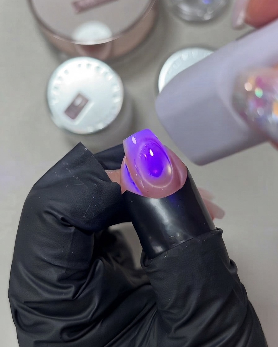 Eine violette, tragbare Mini-UV-LED-Lampe härtet einen gelackten Nagel unter direktem Licht aus.