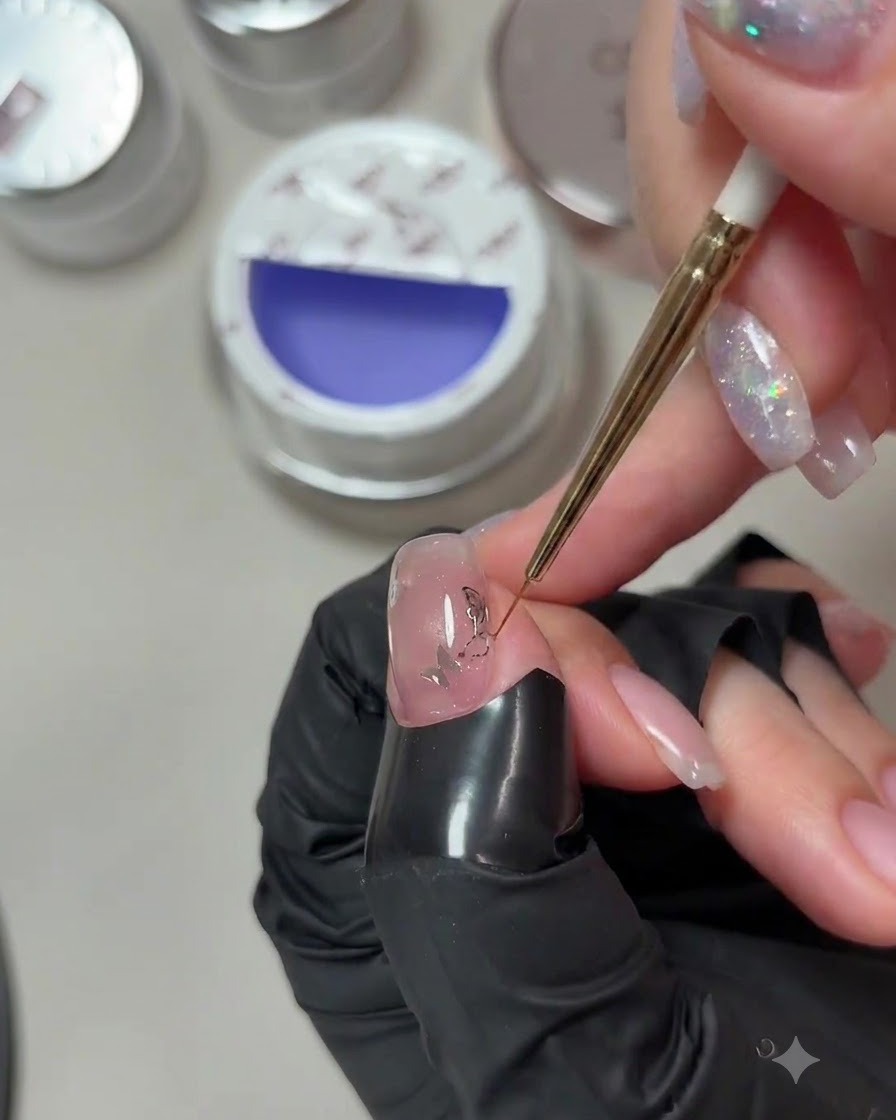Eine Nahaufnahme, bei der ein dünner Liner-Pinsel verwendet wird, um das Builder-Gel an den Rändern eines manikürten Nagels zu glätten.