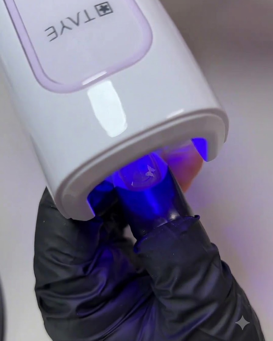 Eine Hand in einer weißen UV/LED-Nagellampe härtet die letzte glänzende Top-Coat-Schicht aus.
