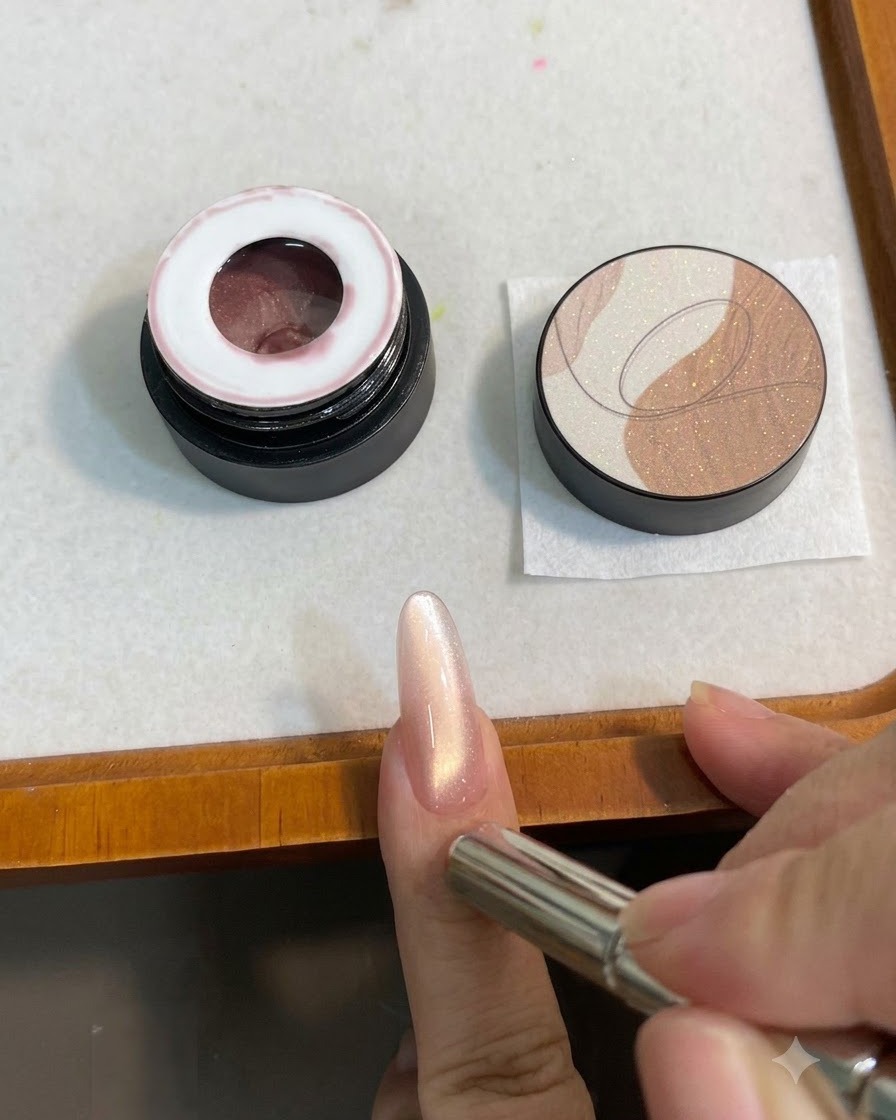 Ein zylindrischer Magnet schwebt über einem Mandelnagel mit schimmerndem rosa-goldenen Cat-Eye-Gel und zieht einen hellen Streifen heraus.