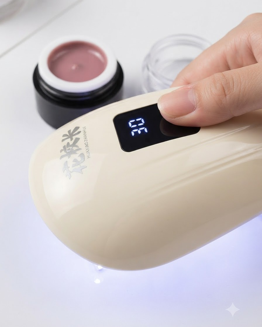 Ein Finger härtet unter einer tragbaren digitalen UV- und LED-Nagellampe aus und fixiert die Cat-Eye-Gelschicht.