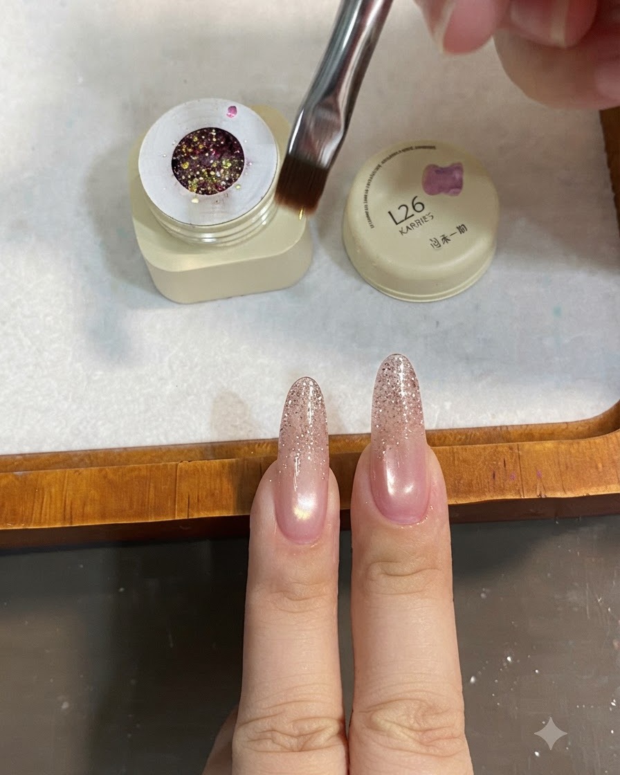 Ein Gelpinsel taucht in einen geöffneten Tiegel mit grobem rosa und goldenem gemischten Paillettengel ein.