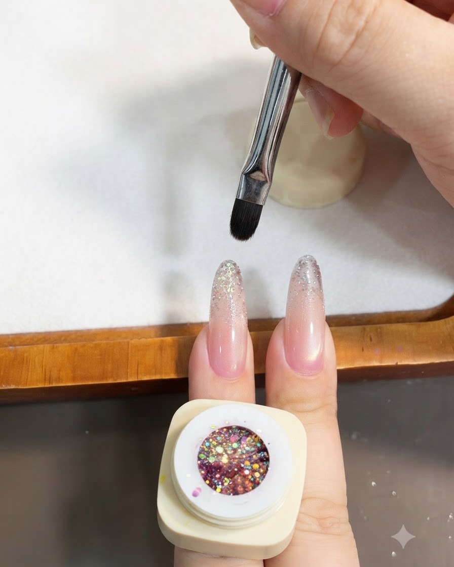 Ein Gelpinsel tupft grobe Glitter-Pailletten auf die Spitze eines mandelförmigen Nagels.