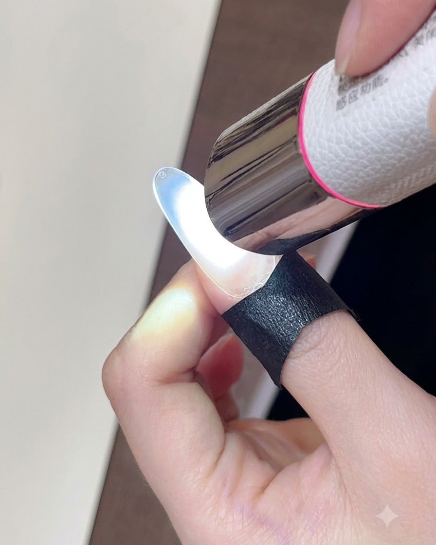 Eine tragbare Mini-UV/LED-Lampe härtet eine Gelschicht auf einem Fingernagel aus.