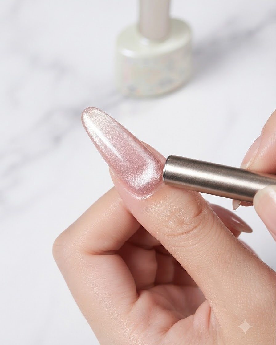 Mit einem zylindrischen Magneten am Nagelrand werden Schimmerpartikel zur Mitte geschoben.
