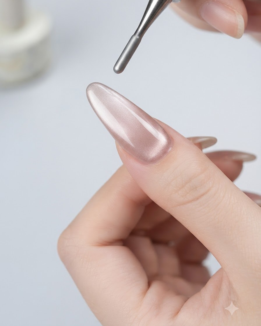 Ein magnetisches Werkzeug schwebt über einem fertigen Cat-Eye-Nagel und zeigt einen zentrierten, leuchtenden Glasperleneffekt.