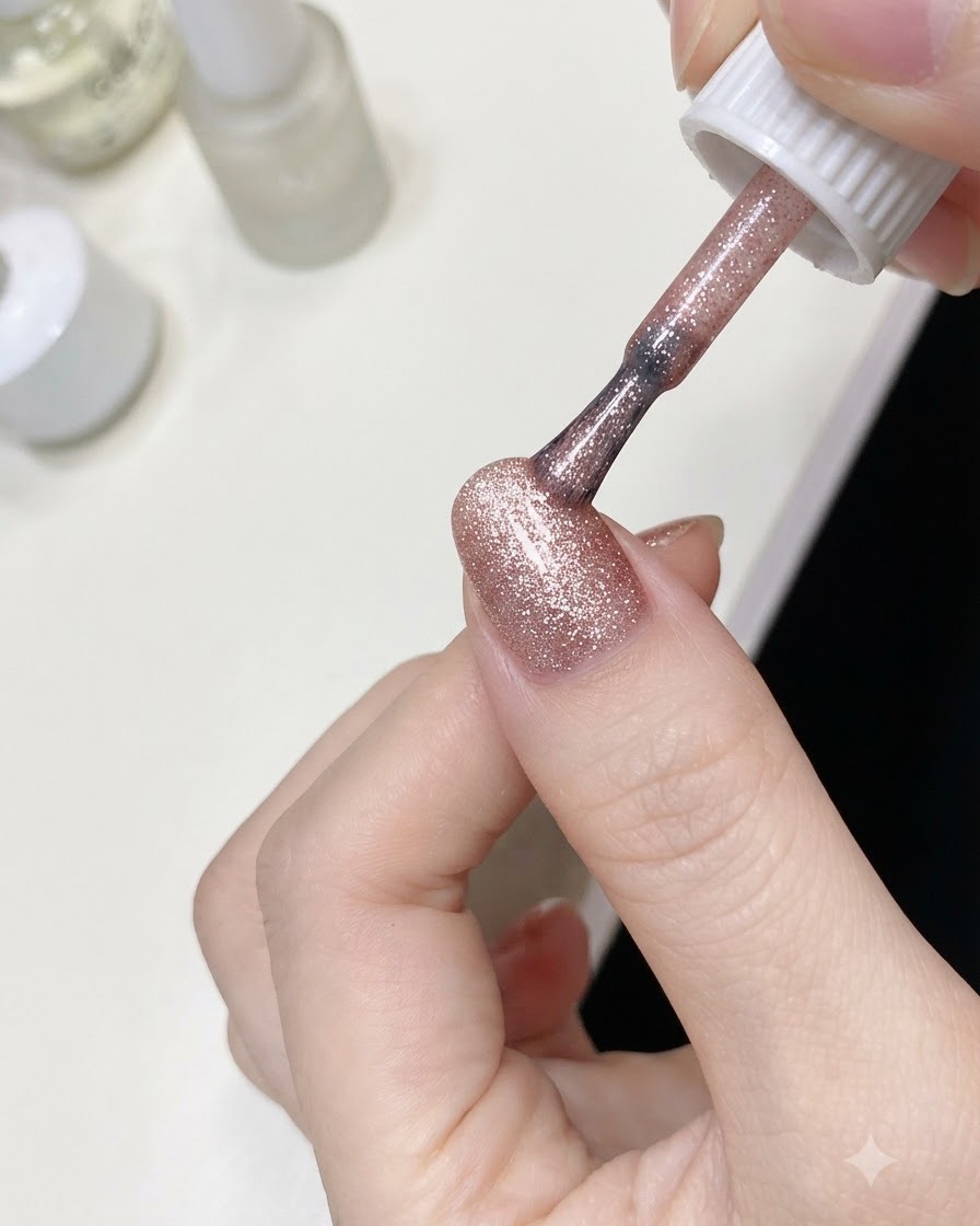 Ein Pinsel trägt ein funkelndes rosa Glitzer-Gel auf den unteren Teil eines Fingernagels in der Nähe der Nagelhaut auf.