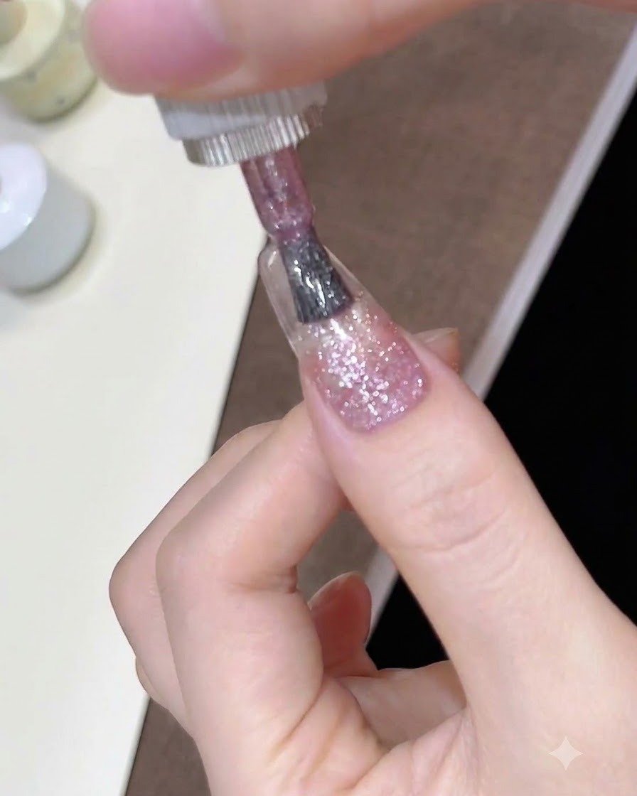 Ein Nagelpinsel streicht rosa Glitzer-Gel nach unten, um einen Farbverlauf auf dem Nagel zu bilden.