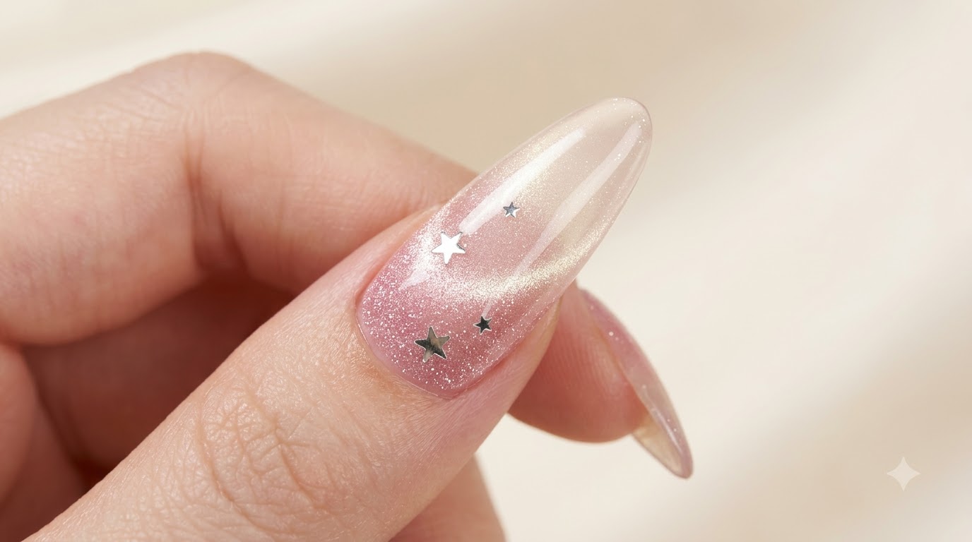 Langer, mandelförmiger Nagel mit pinker Cat-Eye-Basis, silbernen Stern-Pailletten und einem Hochglanz-Finish.