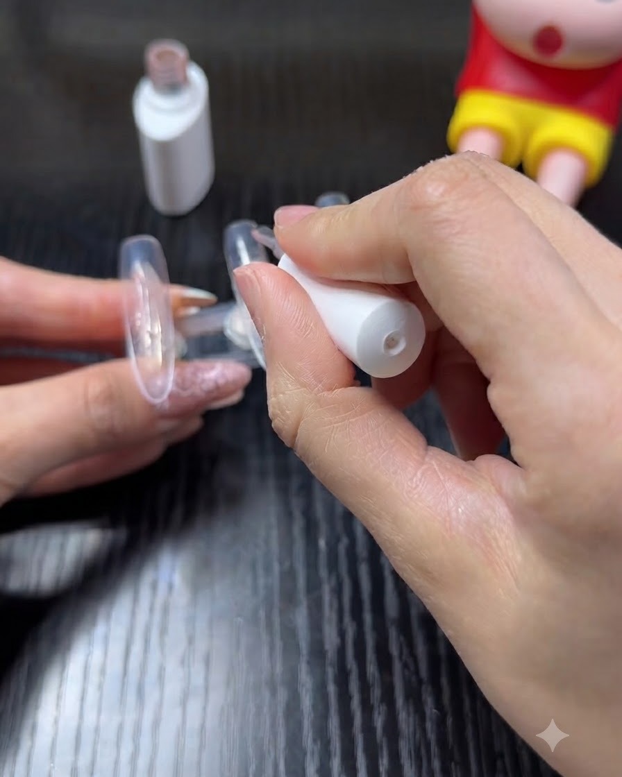 Eine Hand trägt mit einem Nagellackpinsel eine milchig-nude Basisfarbe auf einen klaren Kunstnagel auf, der auf einem Halter befestigt ist.