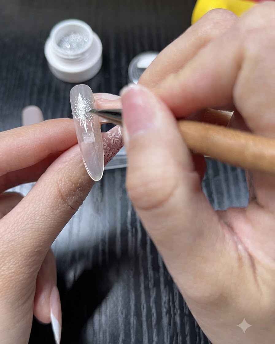 Ein Pinsel trägt sorgfältig feinen Silberglitter über einer Nude-Basis auf den Nagel des Mittelfingers auf.