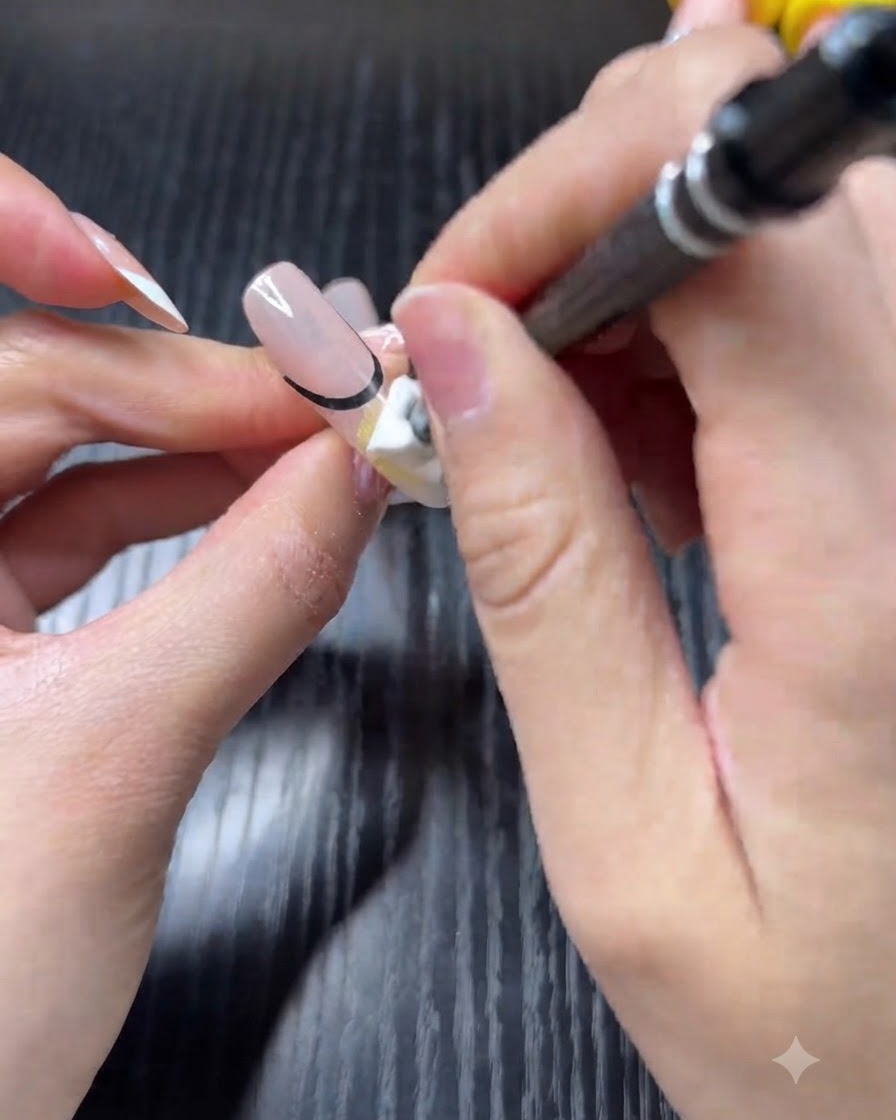 Eine Hand zieht mit einem Detail-Pinsel eine zitronengelbe French Tip auf einen Nagel mit Nude-Basis.