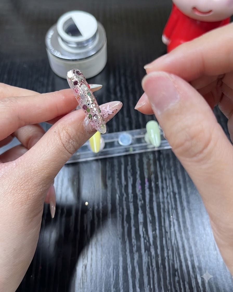 Nahaufnahme einer Hand, die klares Aufbau-Gel über einen mit Glitter versehenen Nagel aufträgt.