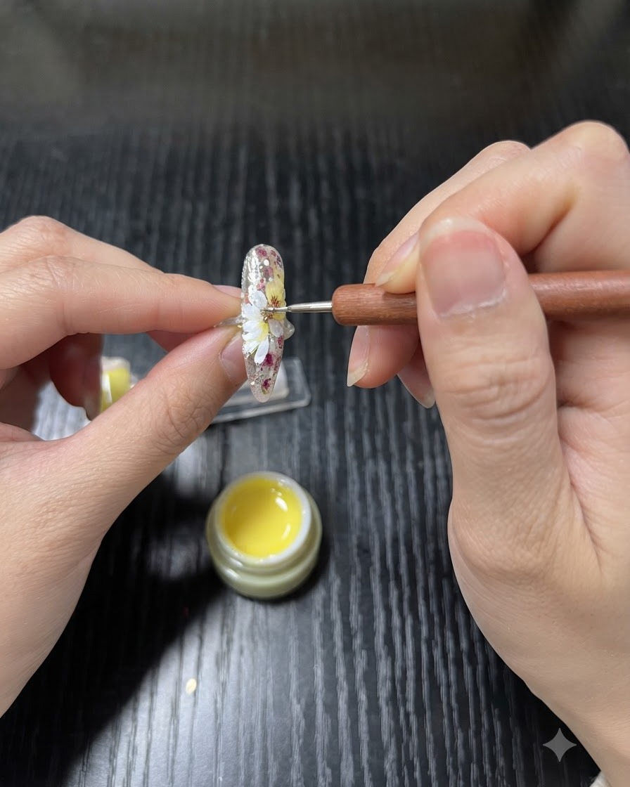 Ein Dotting-Tool trägt zitronengelbes Gel auf die Mitte der weißen Gänseblümchen-Blütenblätter auf einem Nagel auf.