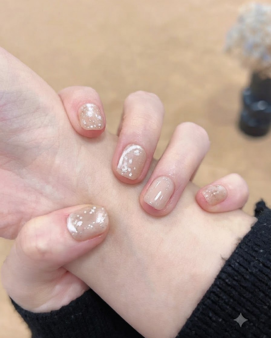 Nahaufnahme von Fingern, die ein hochglänzendes Top-Coat-Finish über einer schimmernden neutralen Basis zeigen.
