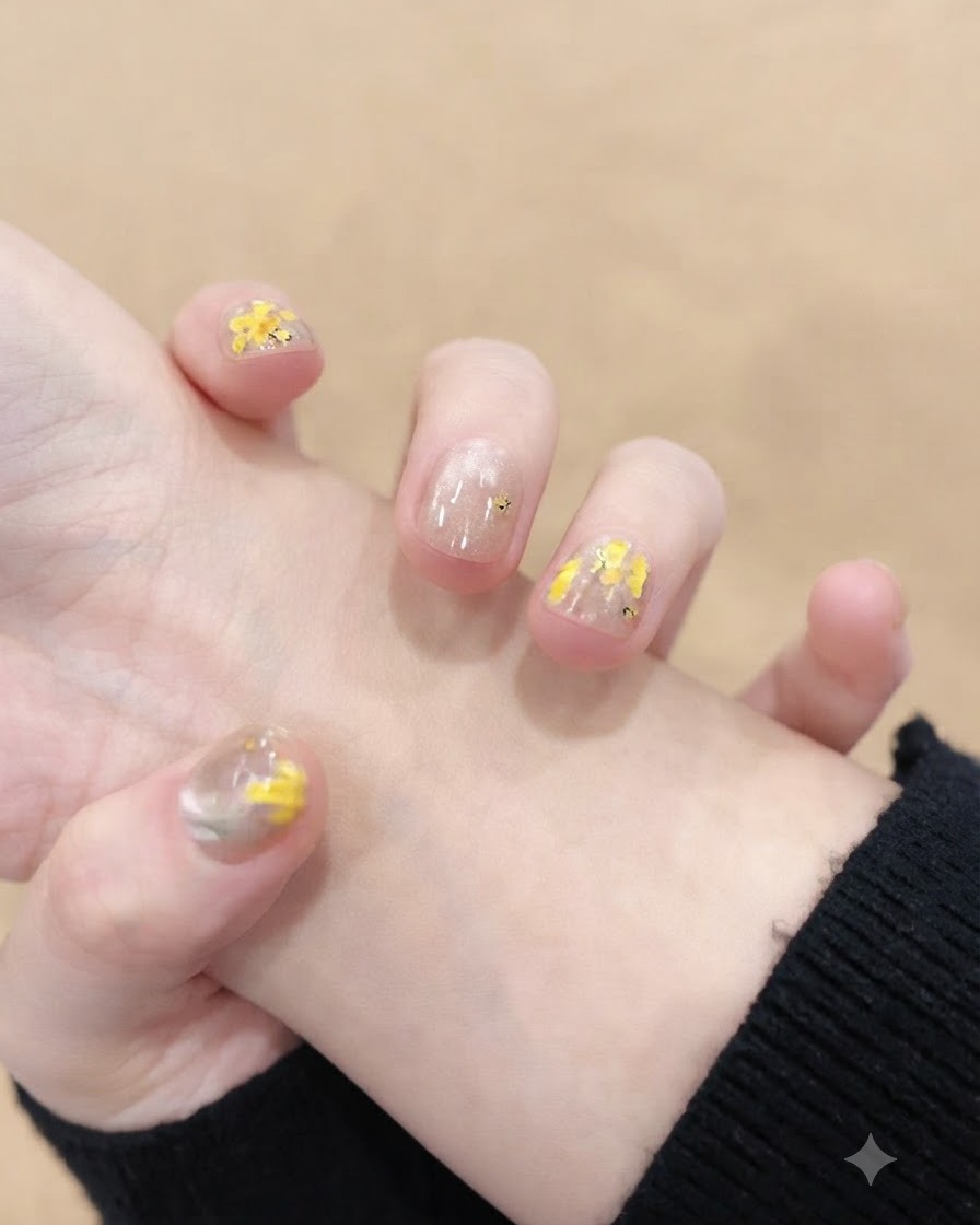 Eine Nahaufnahme, die feine gelbe Blumendesigns zeigt, die präzise auf einen einzelnen Fingernagel gemalt wurden.