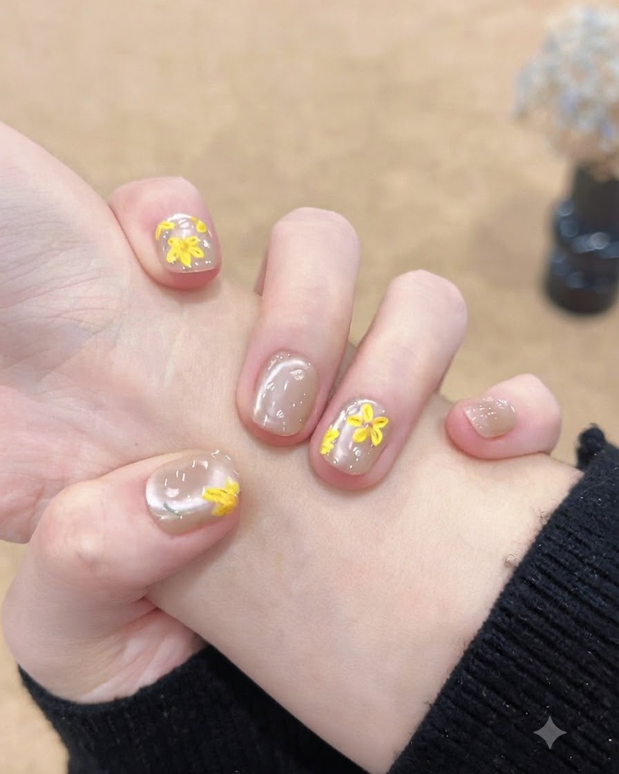Eine abgewinkelte Ansicht von Daumen und Zeigefinger mit passendem Schimmer und floraler Nail Art.