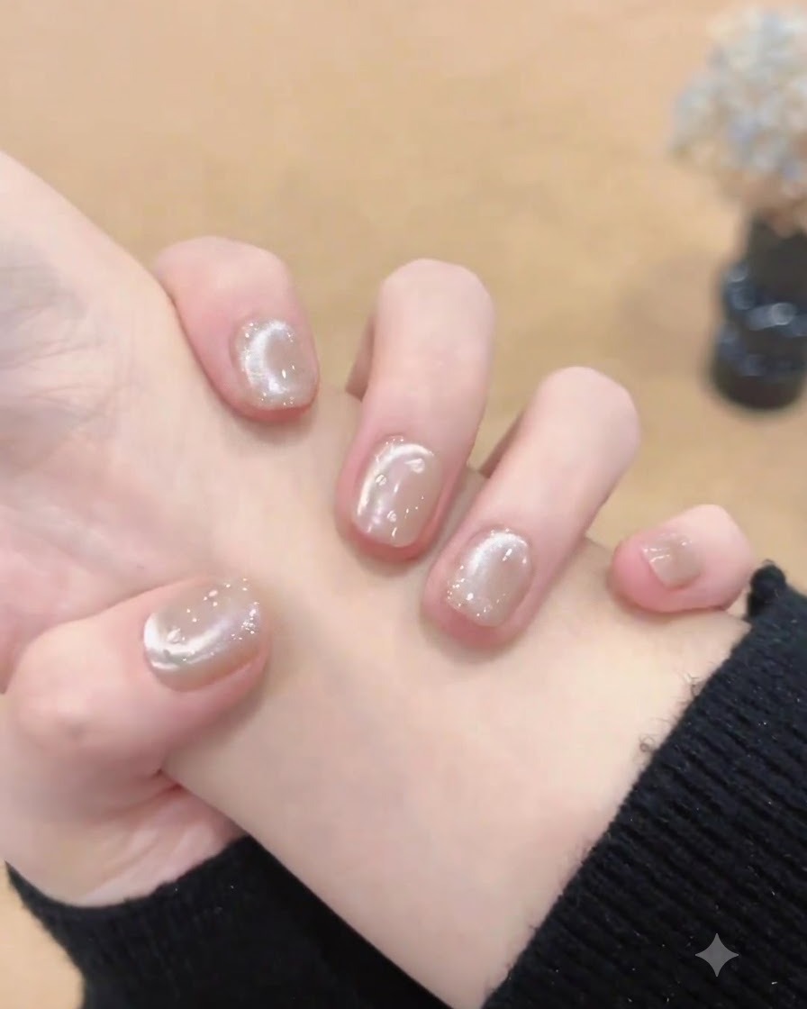 Eine Hand bewegt sich leicht, um eine saubere Nagelhaut und eine gepflegte kurze Nagellänge zu zeigen.