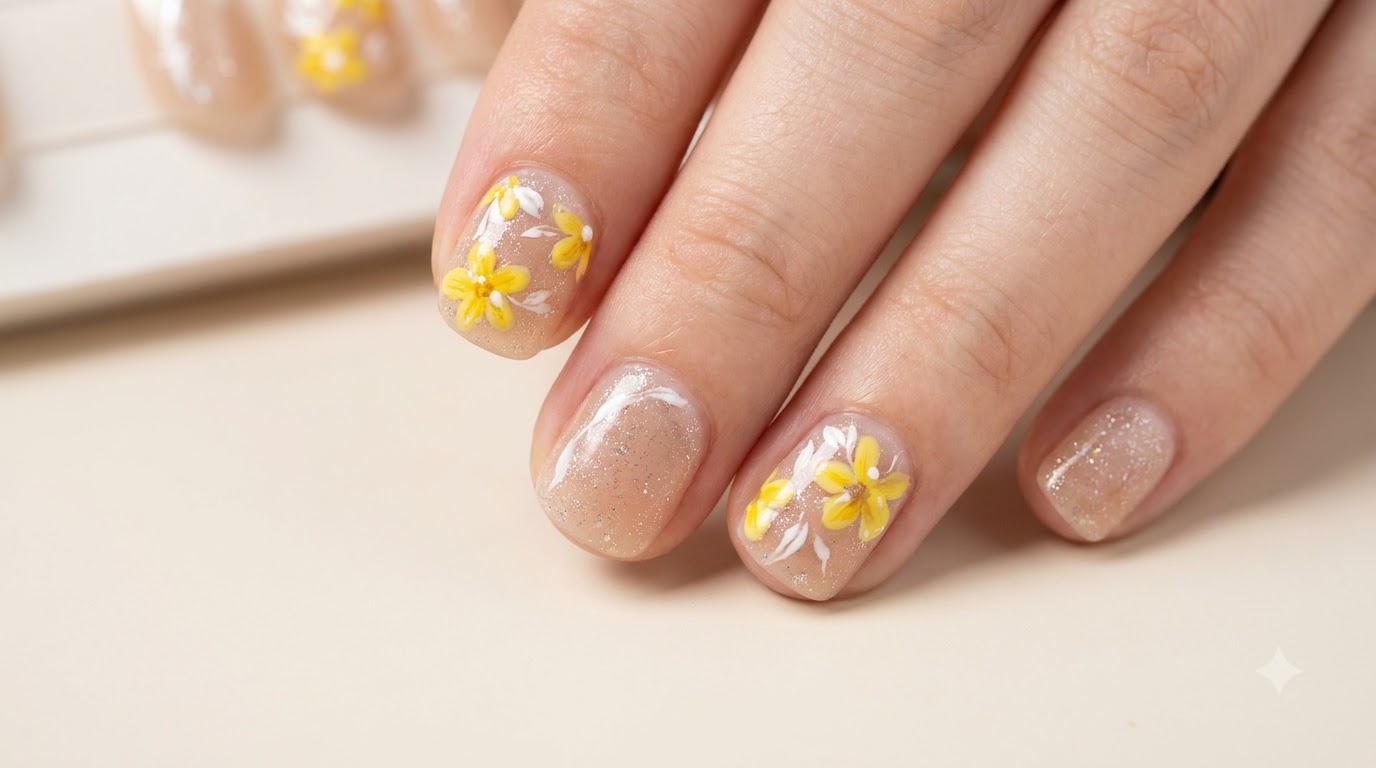 Kurzes Nageldesign mit gelben Blumen — Schritt-für-Schritt-Anleitung