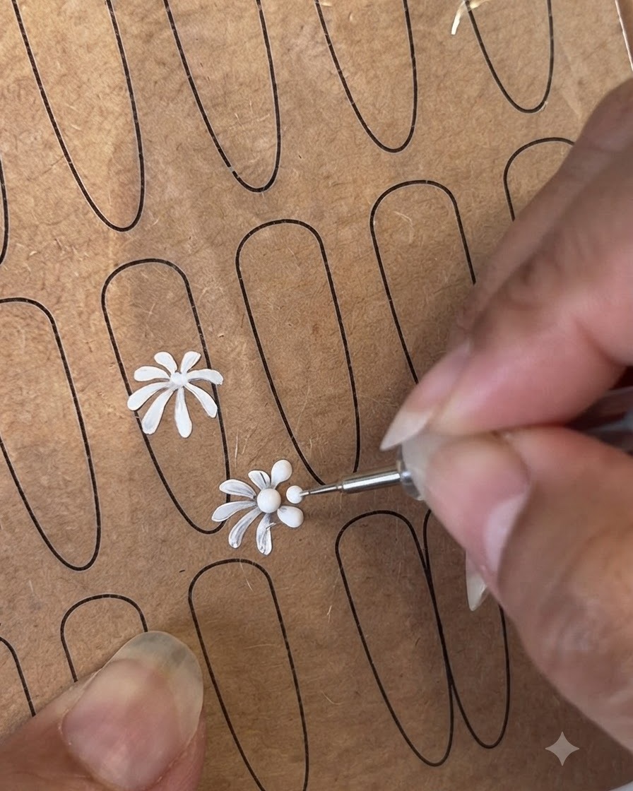 Ein Dotting-Tool und ein feiner Liner-Pinsel erzeugen Blumenzentren und Blütenblätter auf einem Übungsblatt.