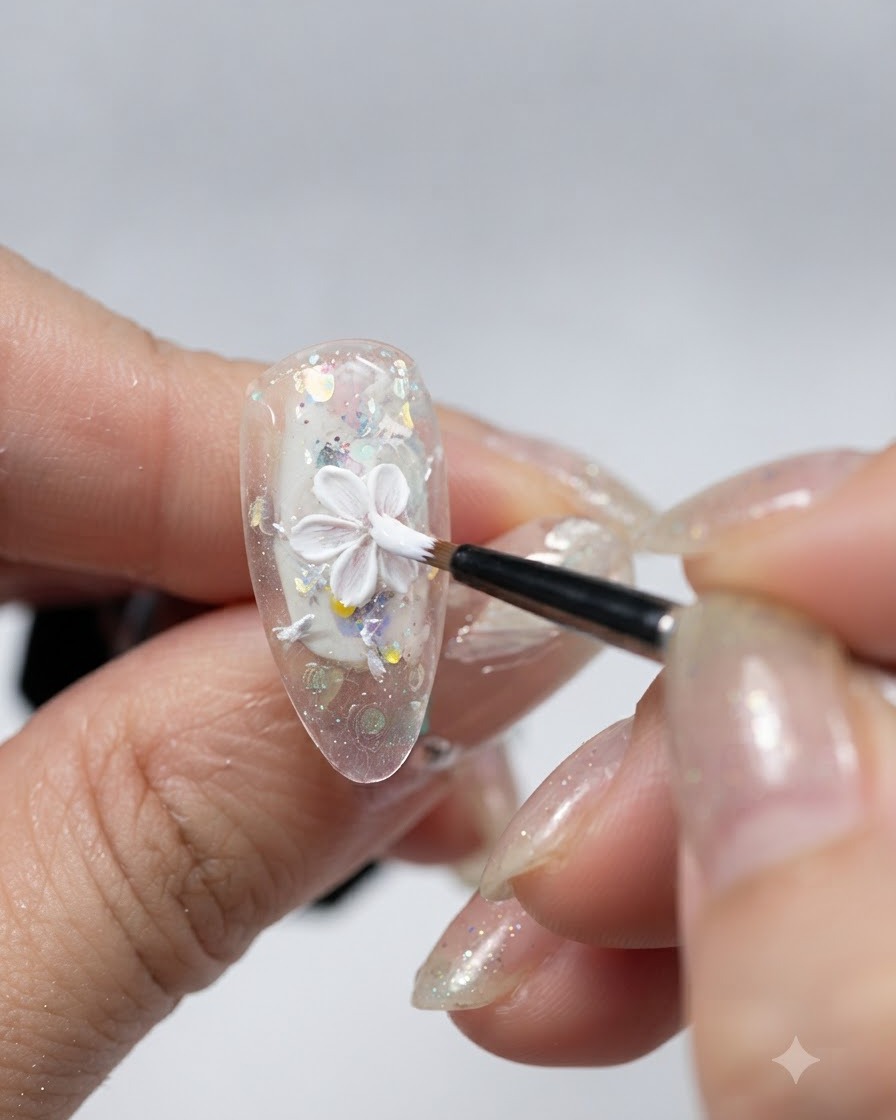 Ein feiner Pinsel malt ein detailliertes weißes 3D-Gips-Blütenblatt auf einen glitzernden, klaren Nageltip.