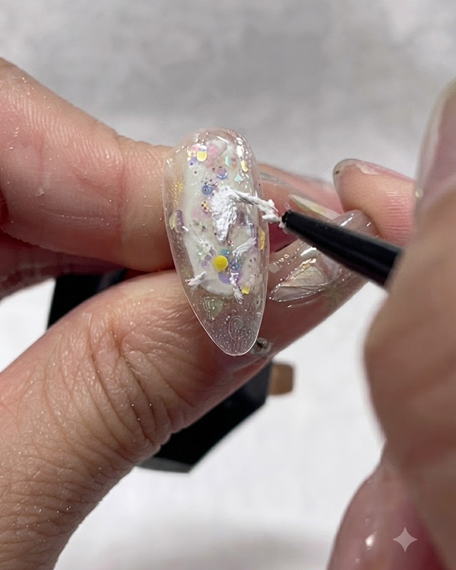 Eine Nahaufnahme eines Detail-Liner-Pinsels, der weißes Struktur-Gel nach außen zieht, um angeschnittene Gänseblümchen-Blütenblätter auf einem Nageltip zu formen.