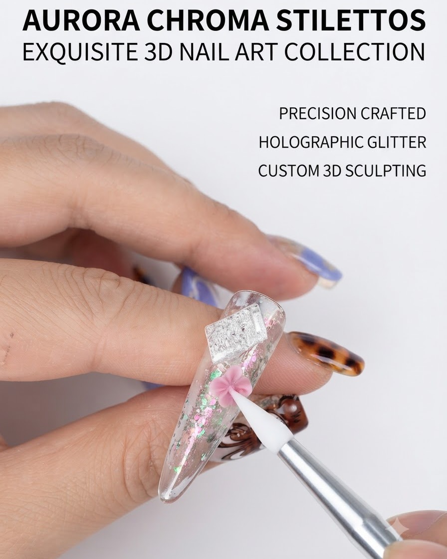 Eine Mini-UV-Nagellampe härtet ein neu platziertes rosa Blütenblatt auf einem transparenten Stiletto-Übungsnagel aus.