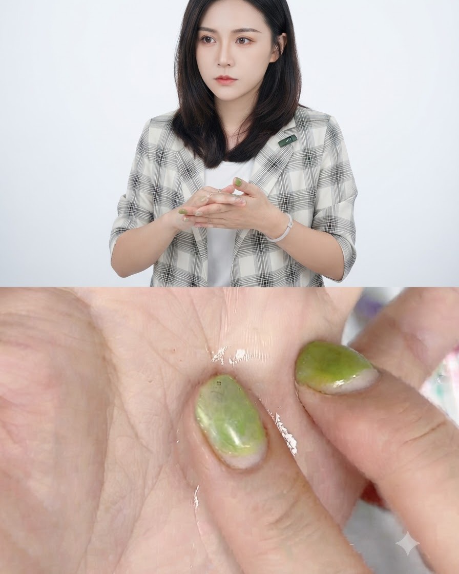 Eine mit Cleaner befeuchtete Hand hält und flacht eine kleine Kugel aus rosa Modellage-Gel ab.