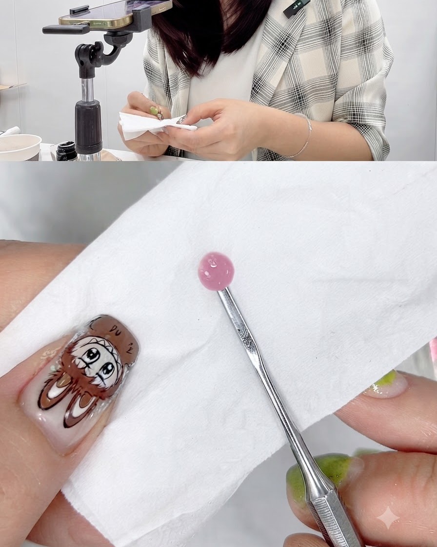 Ein Papiertuch wird verwendet, um überschüssige Flüssigkeit von einer rosa Gelkugel auf einem Werkzeug aufzusaugen.