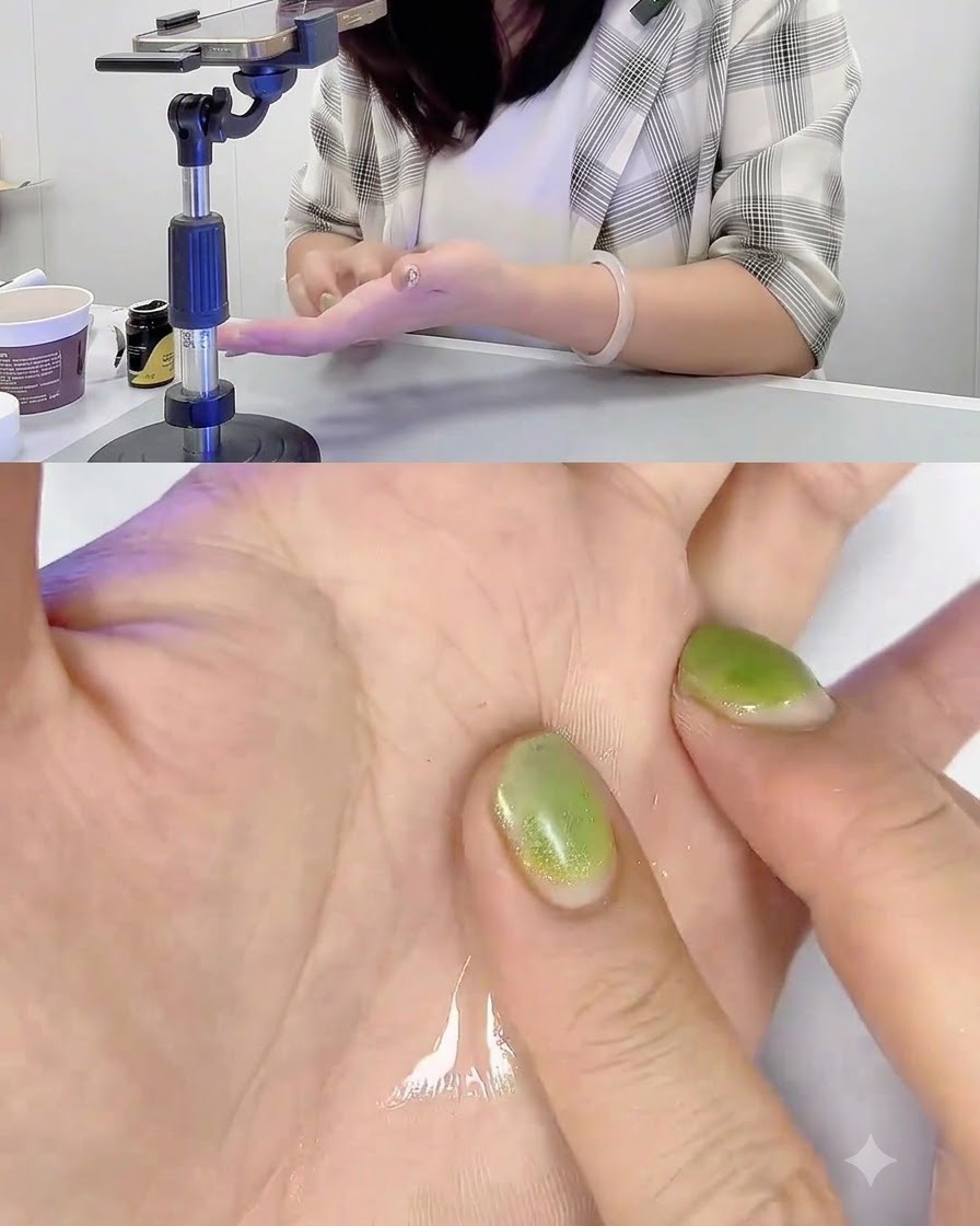 Eine mit Cleaner befeuchtete Hand drückt eine neue rosa Gelkugel auf die Arbeitshand.