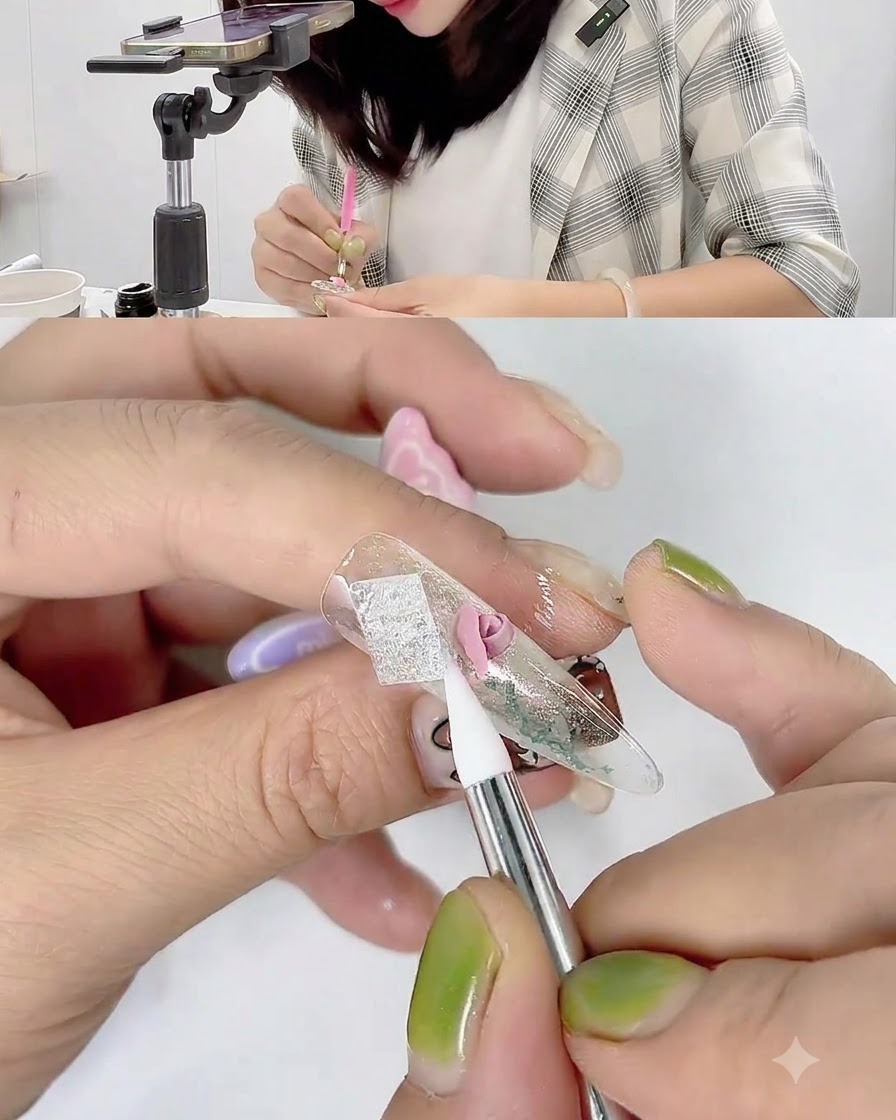 Ein Silikon-Carving-Pen formt und zieht die Ränder eines rosa Gel-Blütenblattes auf einem Nagel zurück.