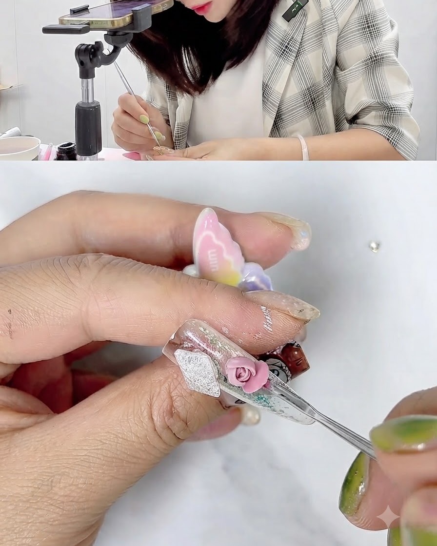 Ein feines Detailwerkzeug passt ein rosa Modellage-Gel-Blütenblatt auf einer Nageloberfläche an und fächert es auf.