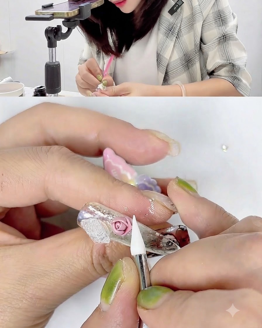 Nahaufnahme eines Silikonwerkzeugs, das ein rosa 3D-Gel-Rosenblatt umwickelt und glättet.