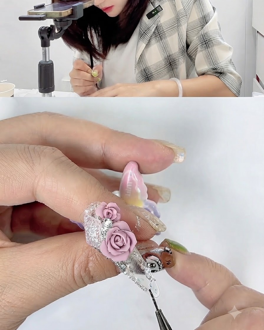 Ein fertiger Nagel präsentiert zwei modellierte rosa 3D-Rosen, die Seite an Seite mit Strassstein-Akzenten arrangiert sind.