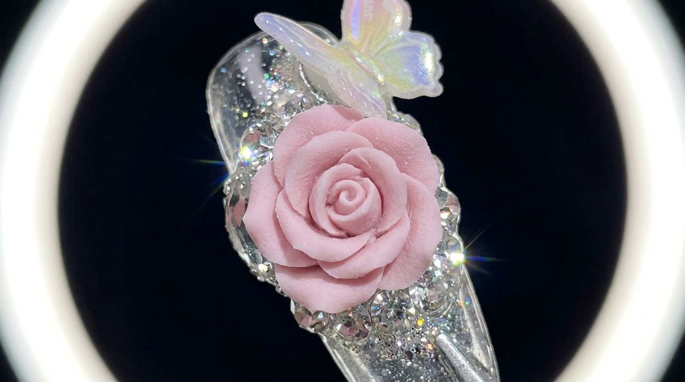 3D Rosen-Modellage mit Diamant-Akzenten — Schritt-für-Schritt Nageldesign