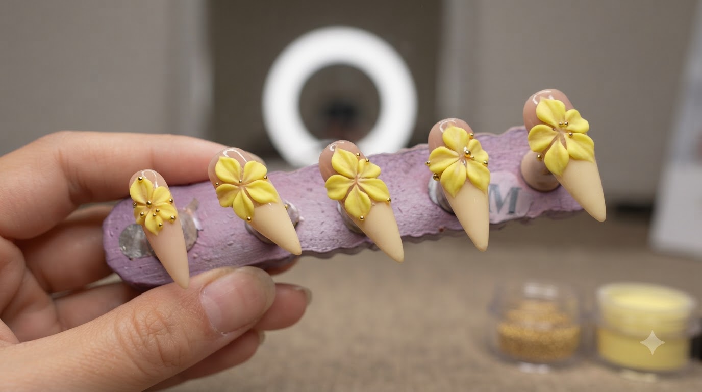 Ein lila Holzaufsteller zeigt künstliche Nagelspitzen mit 3D-gelber Blumen-Nail-Art und winzigen goldenen Perlenakzenten.