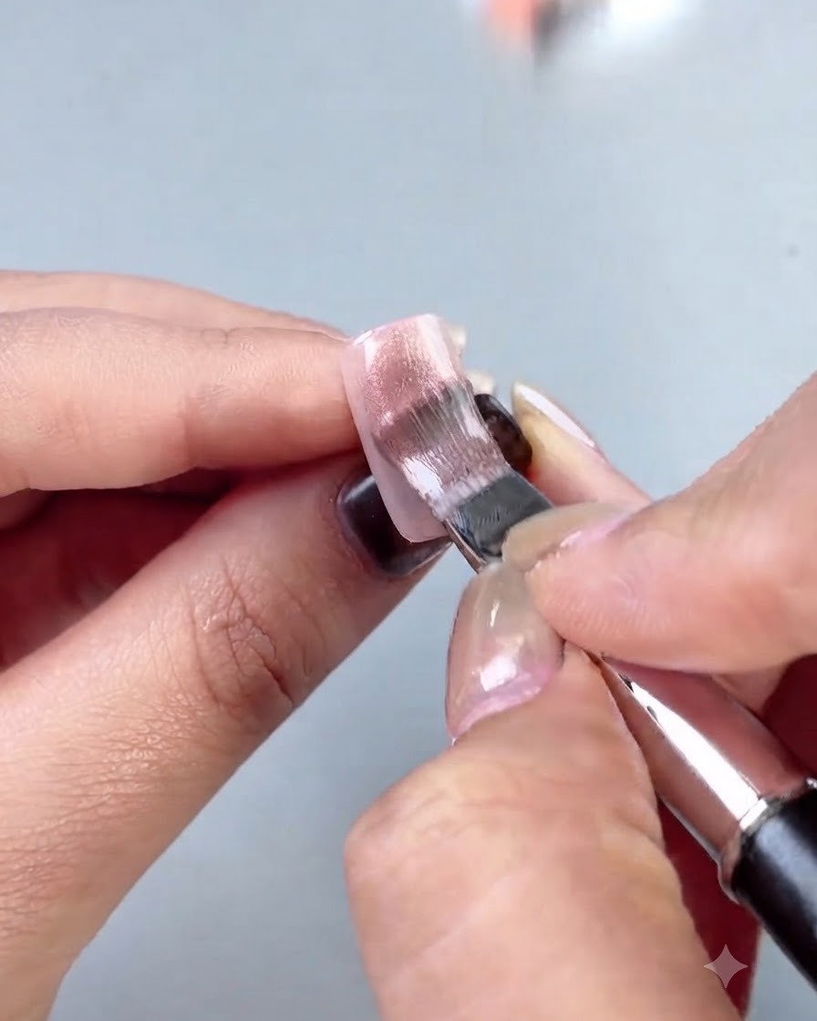 Ein Pinsel, der wasserklares, transluzentes Gel gleichmäßig über dem Nagel verteilt.