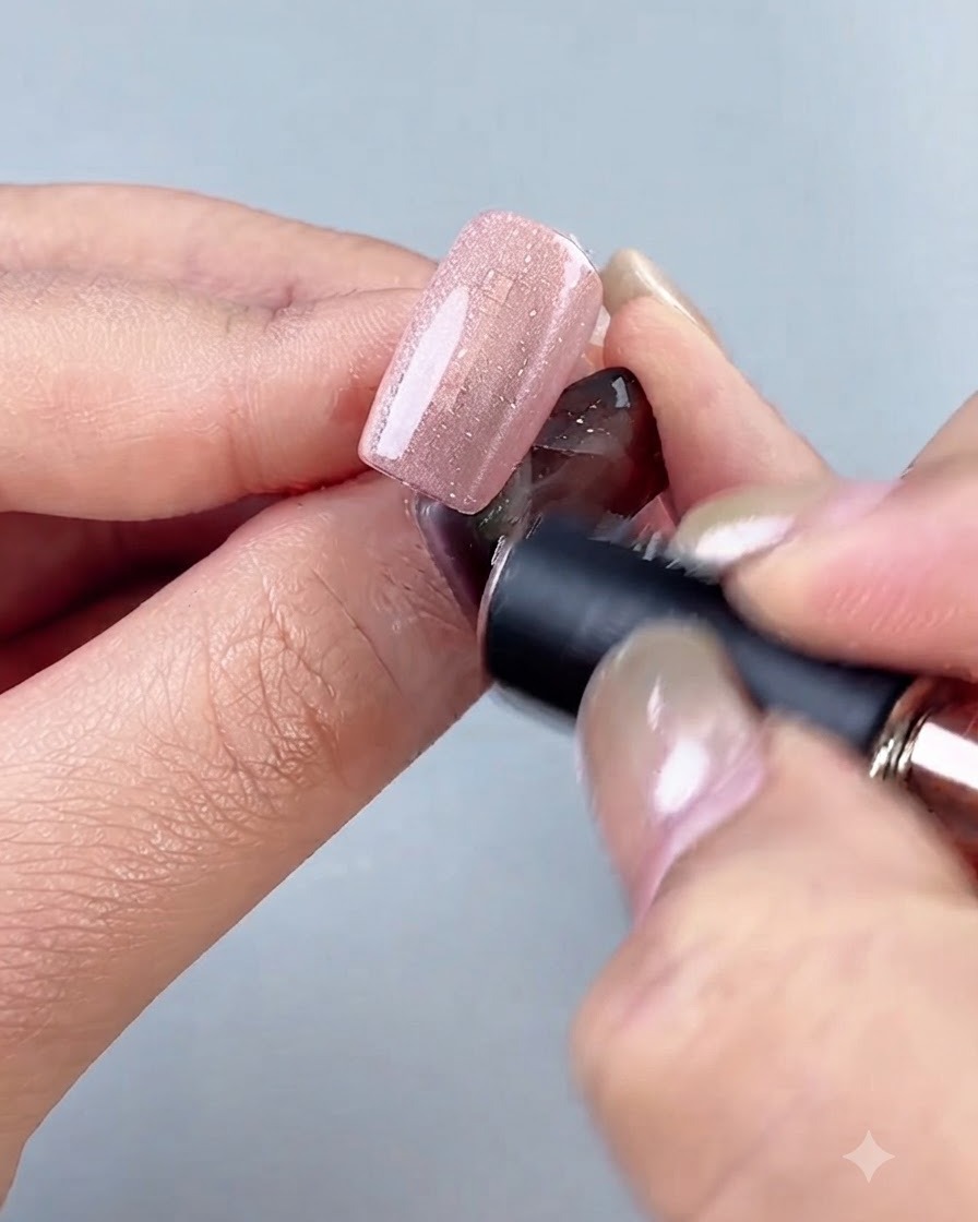 Ein Magnetstab, der nahe um einen mit Gel beschichteten Nagel gehalten wird, um die magnetischen Partikel zu formen.