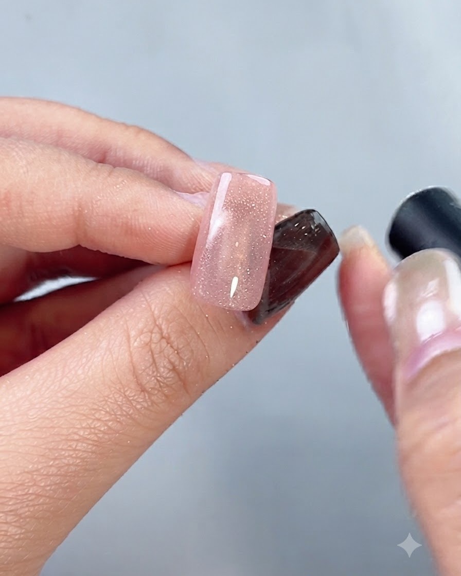 Eine Nahaufnahme eines Nagels, die einen reflektierenden Glasperlen-Cat-Eye-Effekt unter hellem Licht zeigt.