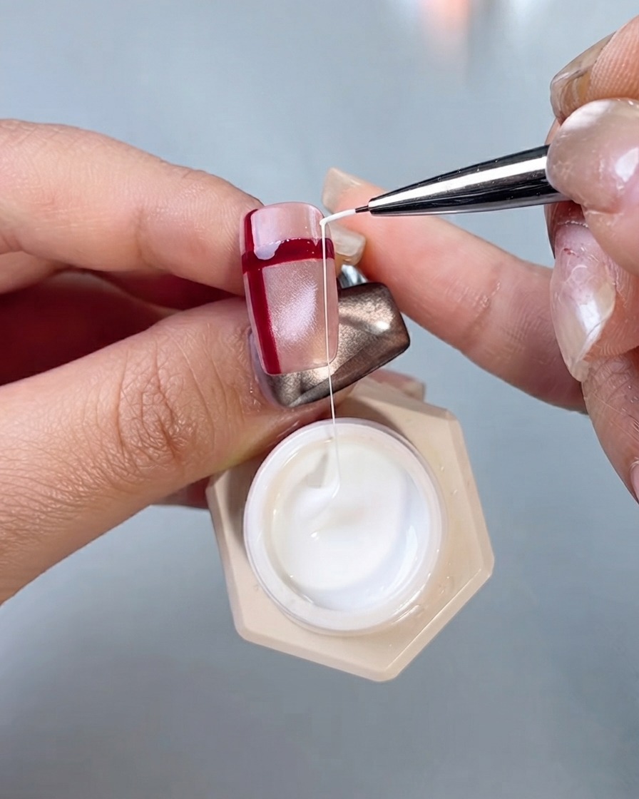 Ein detaillierter Nagelkunstpinsel zieht einen Strang seidenweißen Gels, um kreuzende Linien auf einem rot linierten Nagel zu zeichnen.