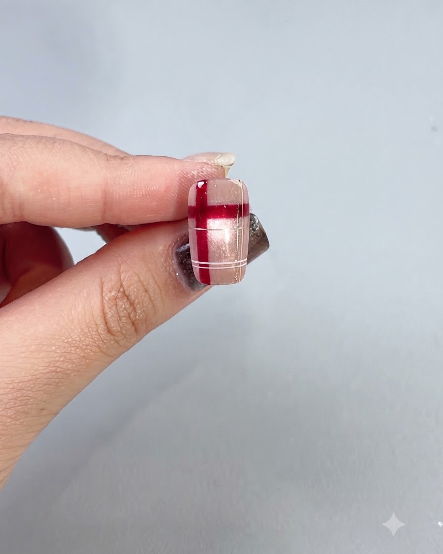 Ein fertiges Karo-Nageldesign vor hellem Hintergrund, das eine glänzende, versiegelte Oberfläche zeigt.