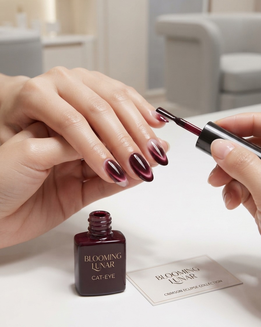 Eine Hand hält eine Flasche tiefroten Gel-Lacks und trägt die Farbe mit dem Flaschenpinsel auf die Spitze eines mandelförmigen Nagels auf.
