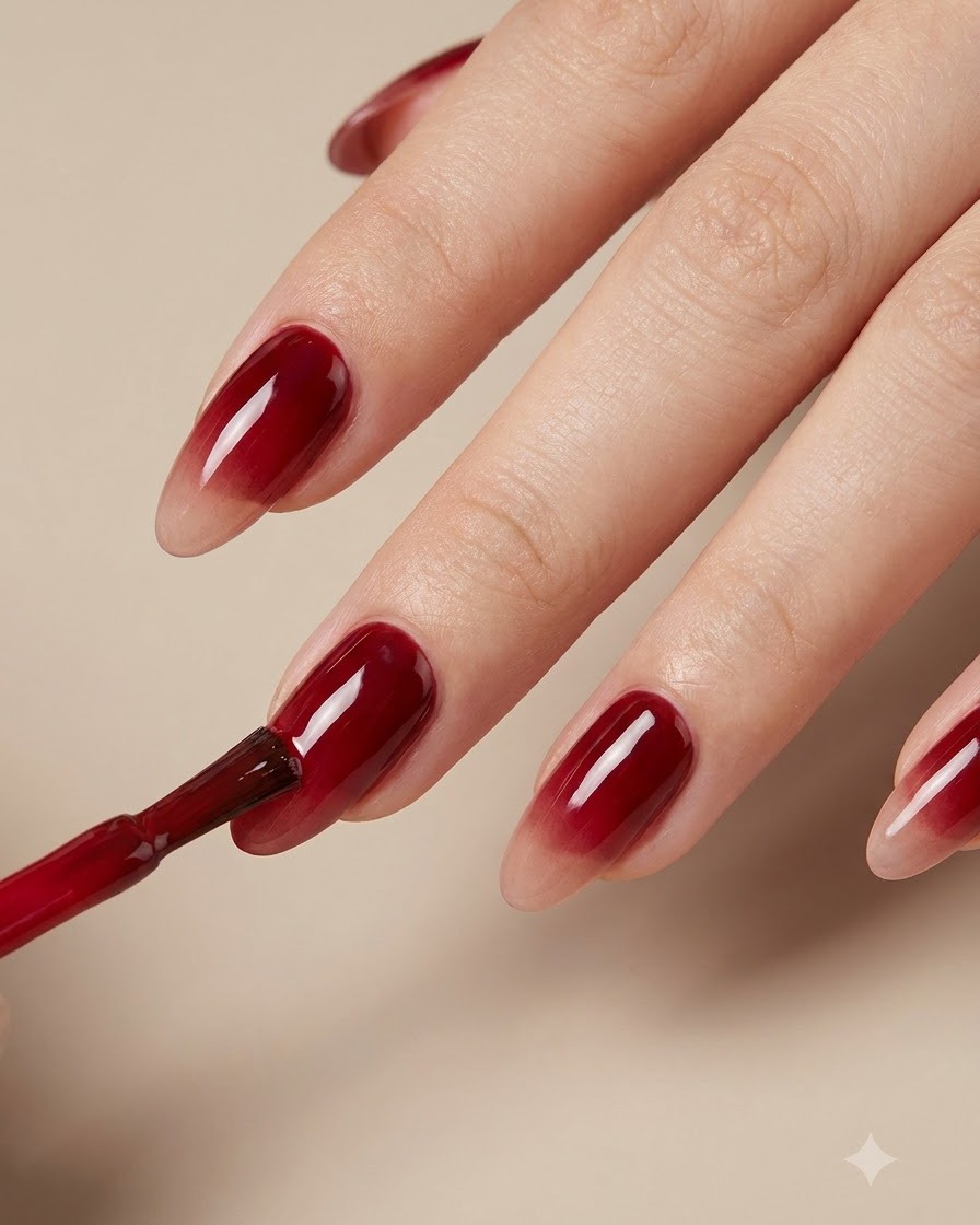 Ein feiner Liner-Pinsel formt präzise die geschwungene rote Gel-Begrenzung auf einem lackierten Fingernagel.