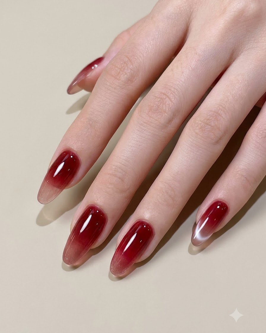 Ein flacher Ombré-Verblenderpinsel mildert die innere Kante eines roten Gel-Farbverlaufs auf einem Fingernagel ab.